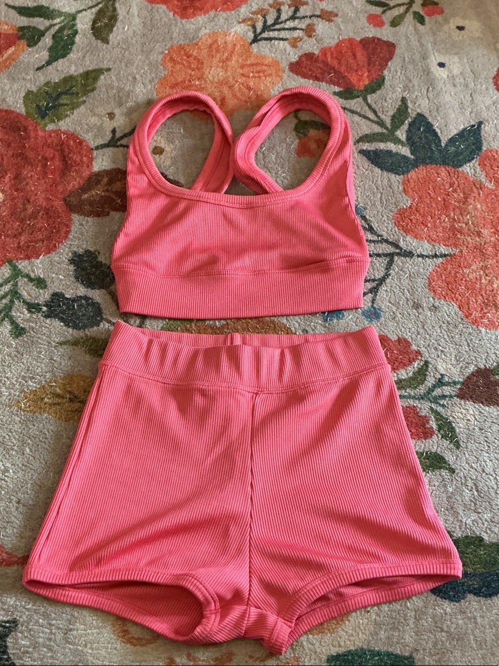 Zara Hot Pink Ribbed Racerback Crop Top & High-Waist Shorts Set
